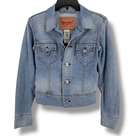 Levi's Type 1 Pointed Pocket Logo Denin Jean Trucker Jacket Womens Sz Small Blue - Picture 1 of 10